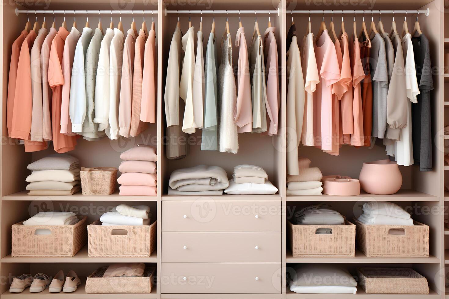 A storage system with clothes neatly laid out and sorted on shelves in pastel colors photo
