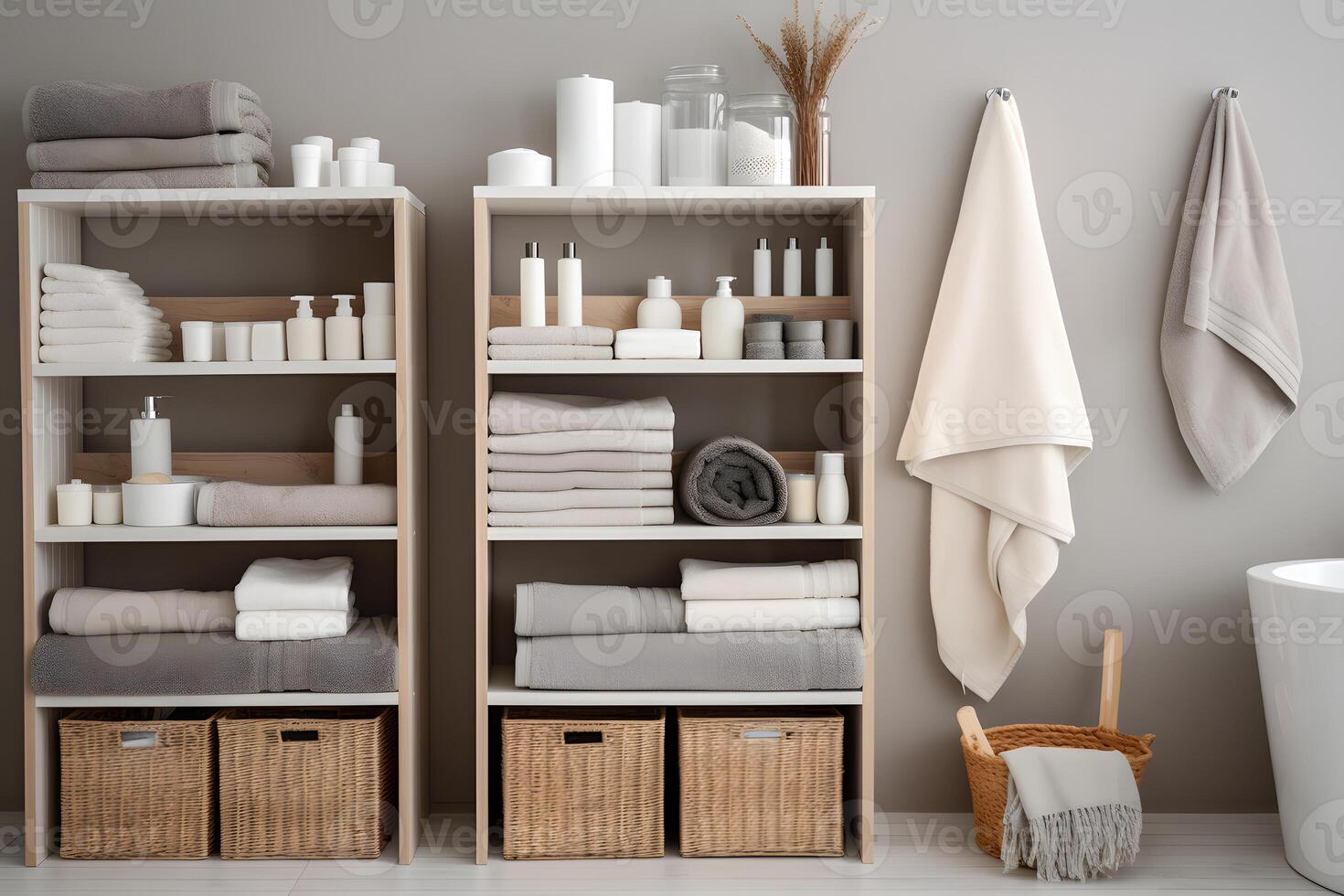 Shelves in a modern bathroom with neatly arranged towels and cosmetics, space organization and storage concept photo