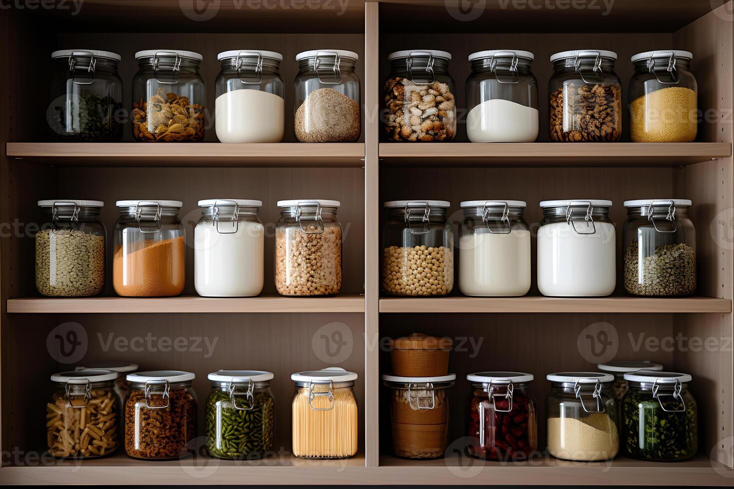 Glass jars with food products arranged on the shelves of the kitchen photo