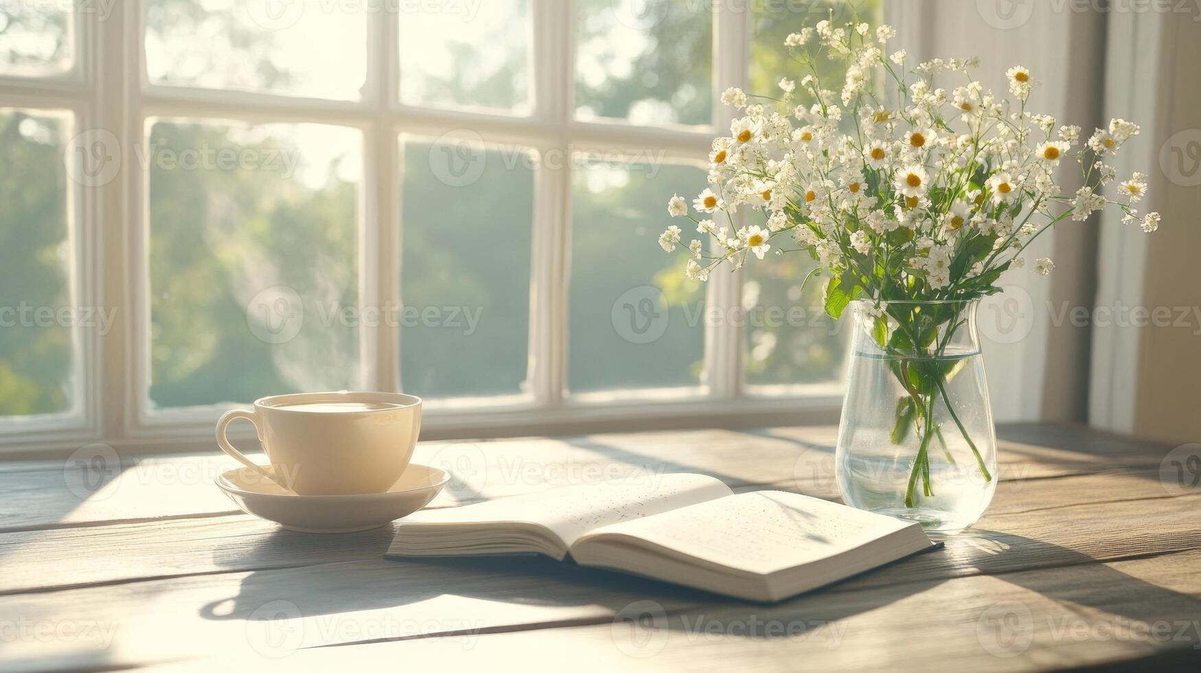 Enjoying a tranquil morning with a cup of tea, a journal open for reflection, and flowers brightening the space photo
