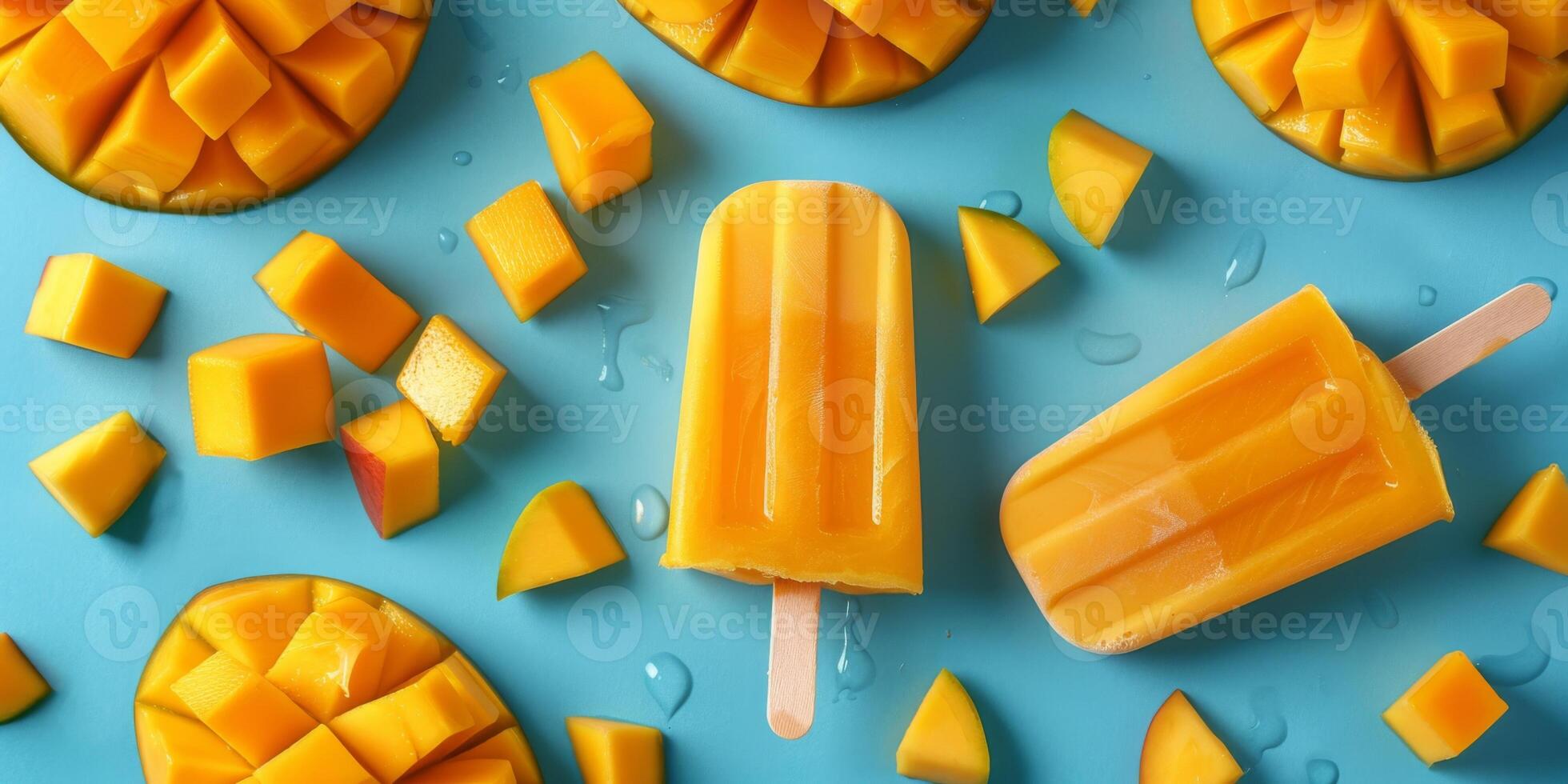 Mango fruits and popsicles on blue background photo