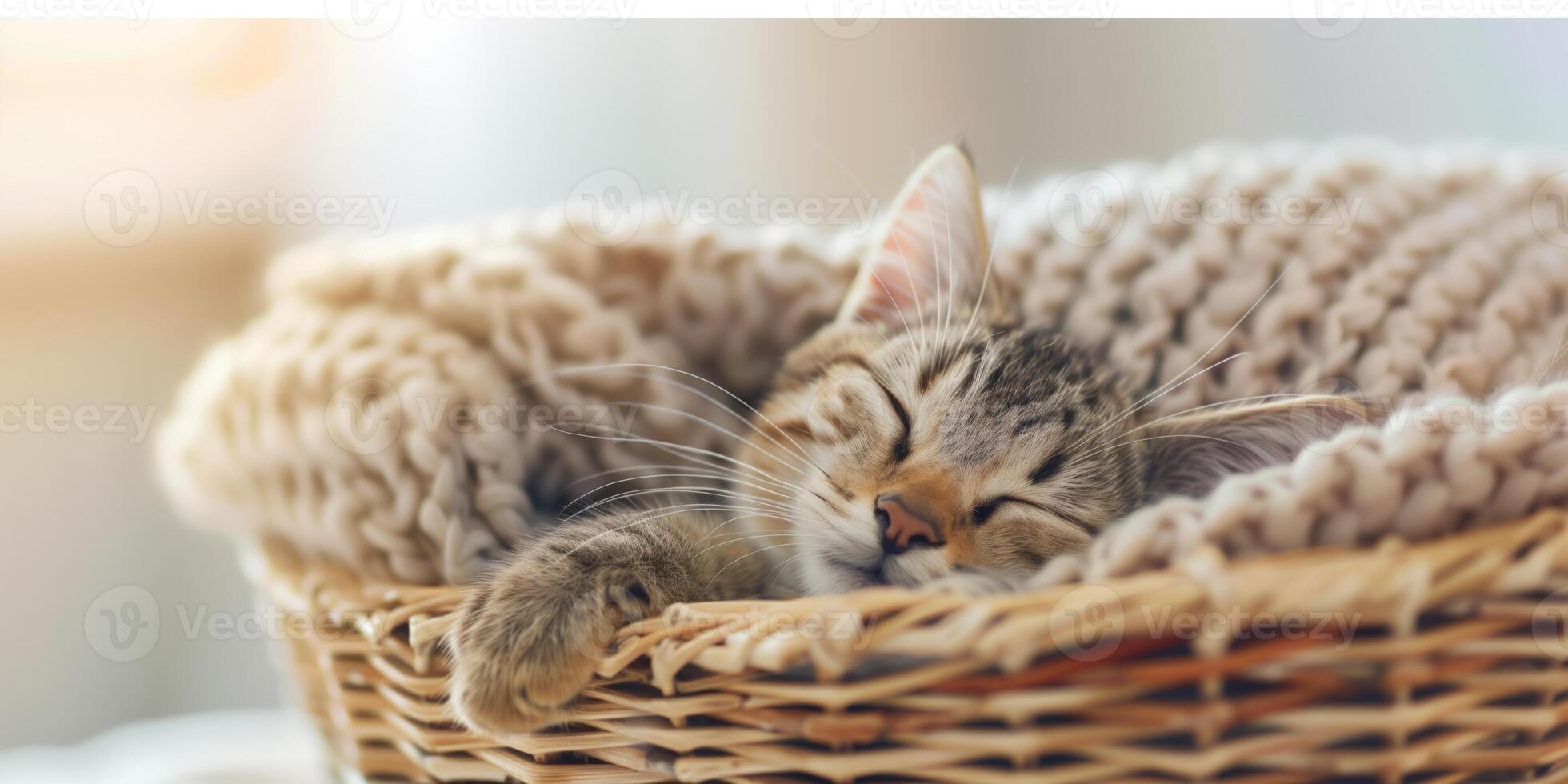 Tabby cat sleeps in a wicker basket photo
