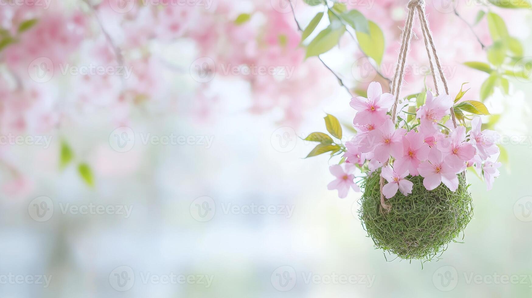 A kokedama hangs on a rail, surrounded by cherry blossoms in full bloom, illuminated by warm spring light photo
