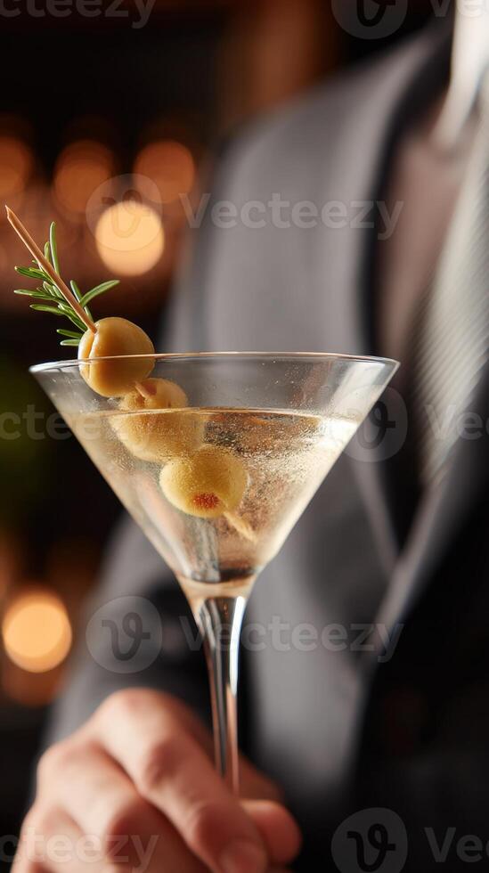 Bartender presents a stylish martini garnished with olives and rosemary in a warm, inviting atmosphere, snacktail concept photo