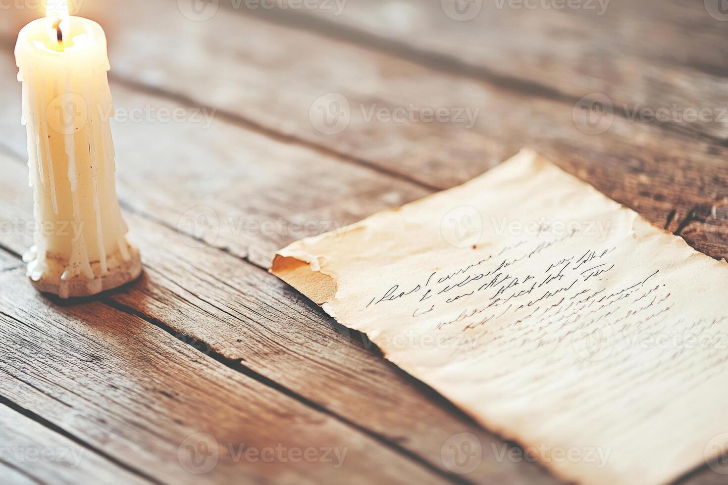 A soft light from a flickering candle highlights an aged love letter on a wooden desk, evoking nostalgia photo