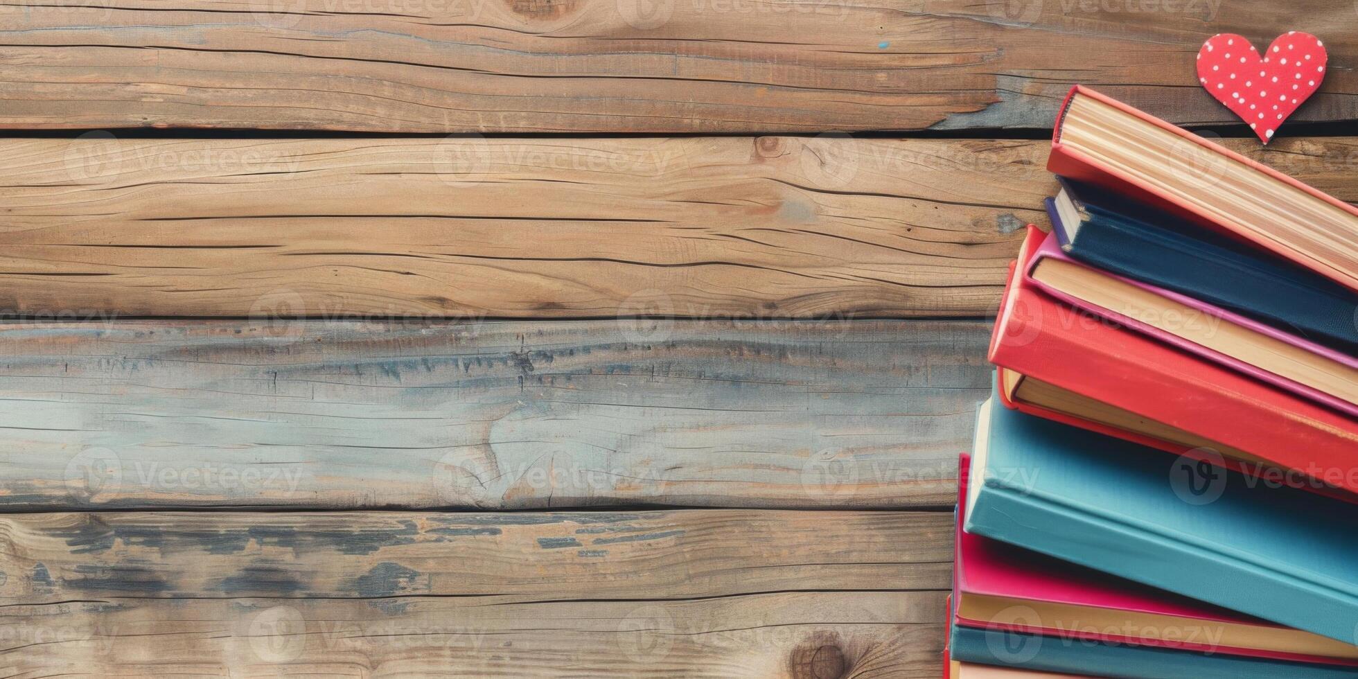 A stack of colorful books on a wooden background with a red heart on top photo