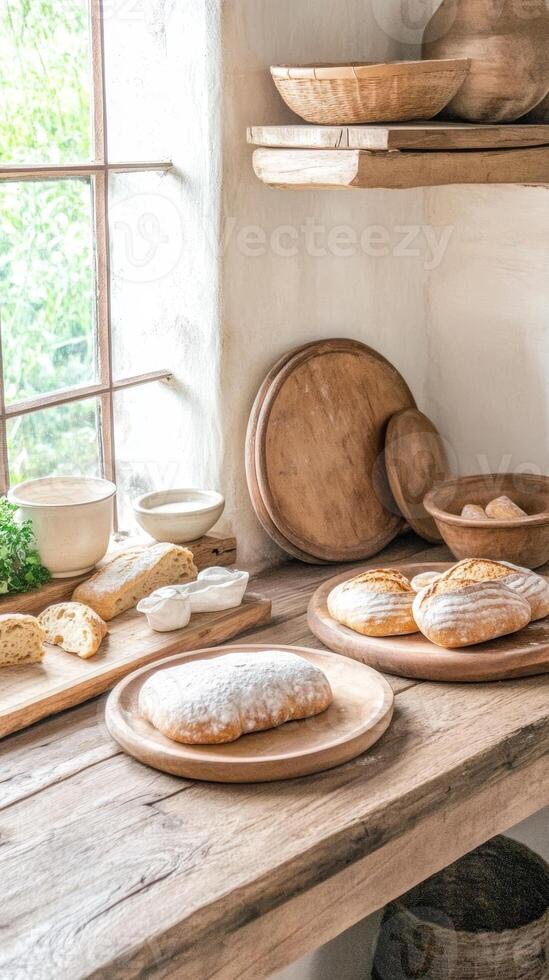 Visitors enjoy baking fresh bread using old-fashioned methods in a charming rustic kitchen photo