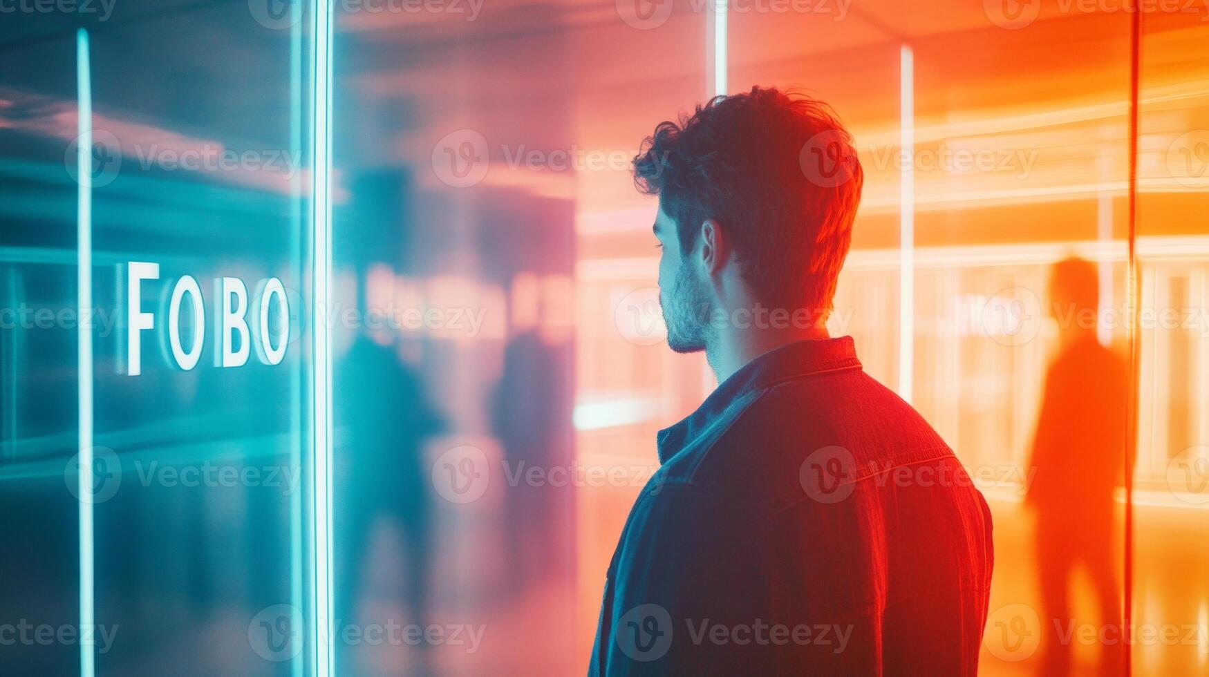 A man stands in front of a mirror, viewing various versions of himself while contemplating career choices, FOBO concept photo