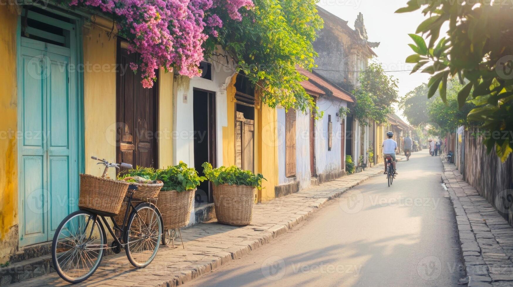 Cyclists glide through a quaint village with baskets of fresh produce, embracing mindful travel and wellness photo