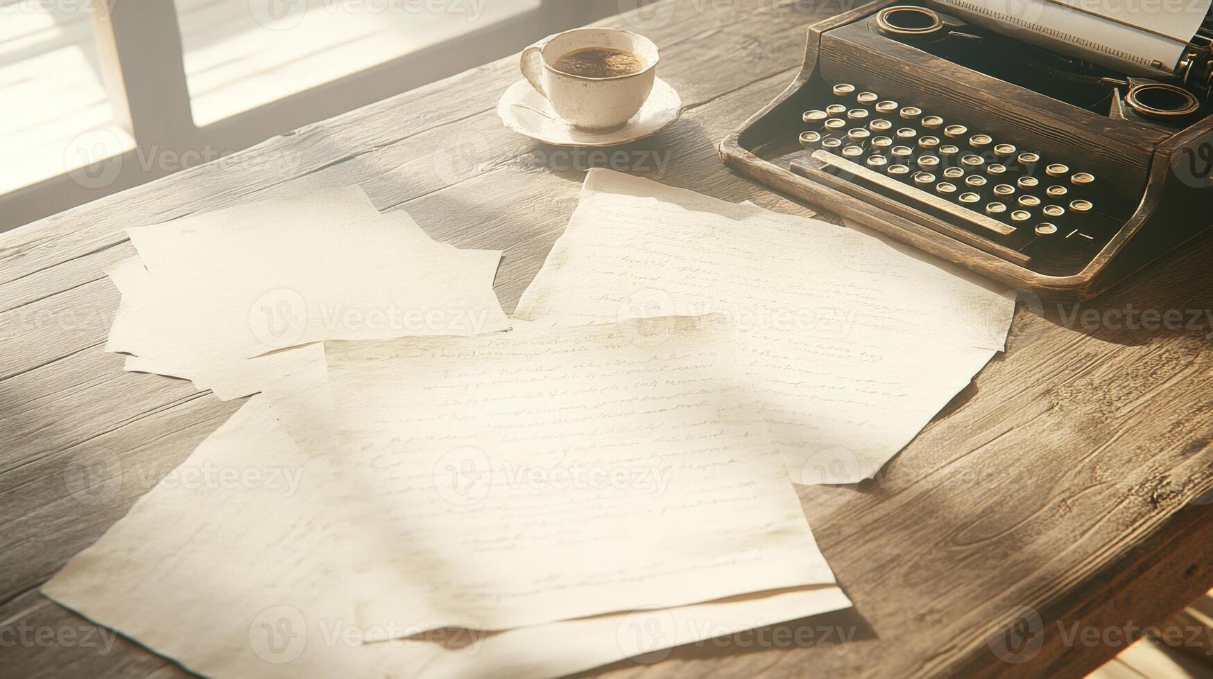 Crumpled papers and a vintage typewriter on a desk show the chaos of late-night creativity photo