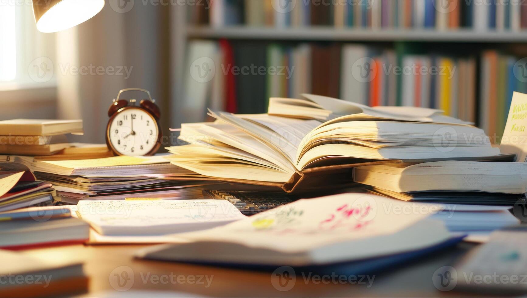 Energetic late-night study session shows a cluttered desk filled with open textbooks and notes photo