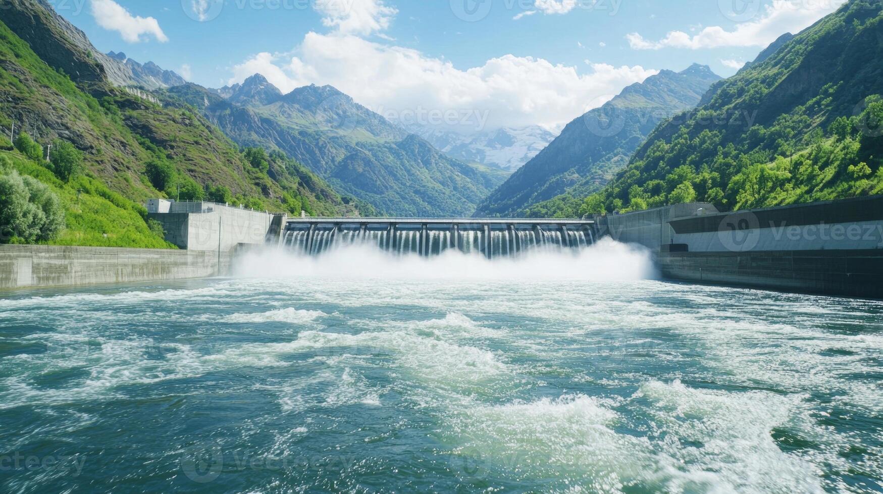Powerful water flows energizing a hydroelectric station amidst beautiful mountains and shining sunlight photo