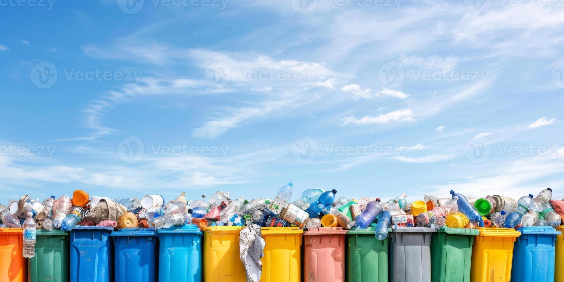 A row of colorful recycling bins overflowing with plastic bottles sits against a backdrop of a blue sky photo
