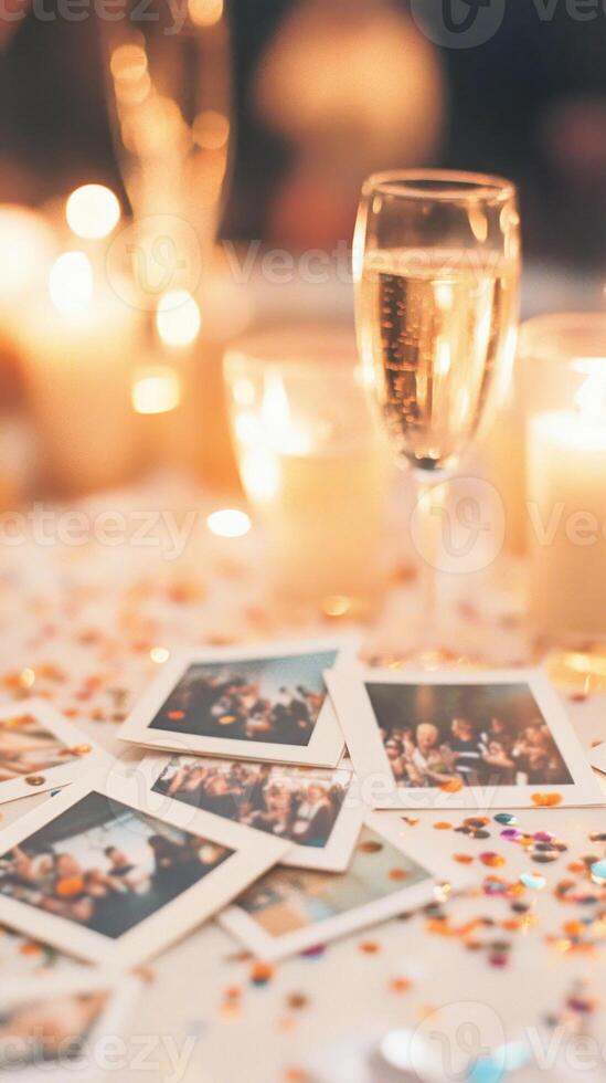 Scattered Polaroids hint at joyful memories, surrounded by wax drips and celebratory chaos photo