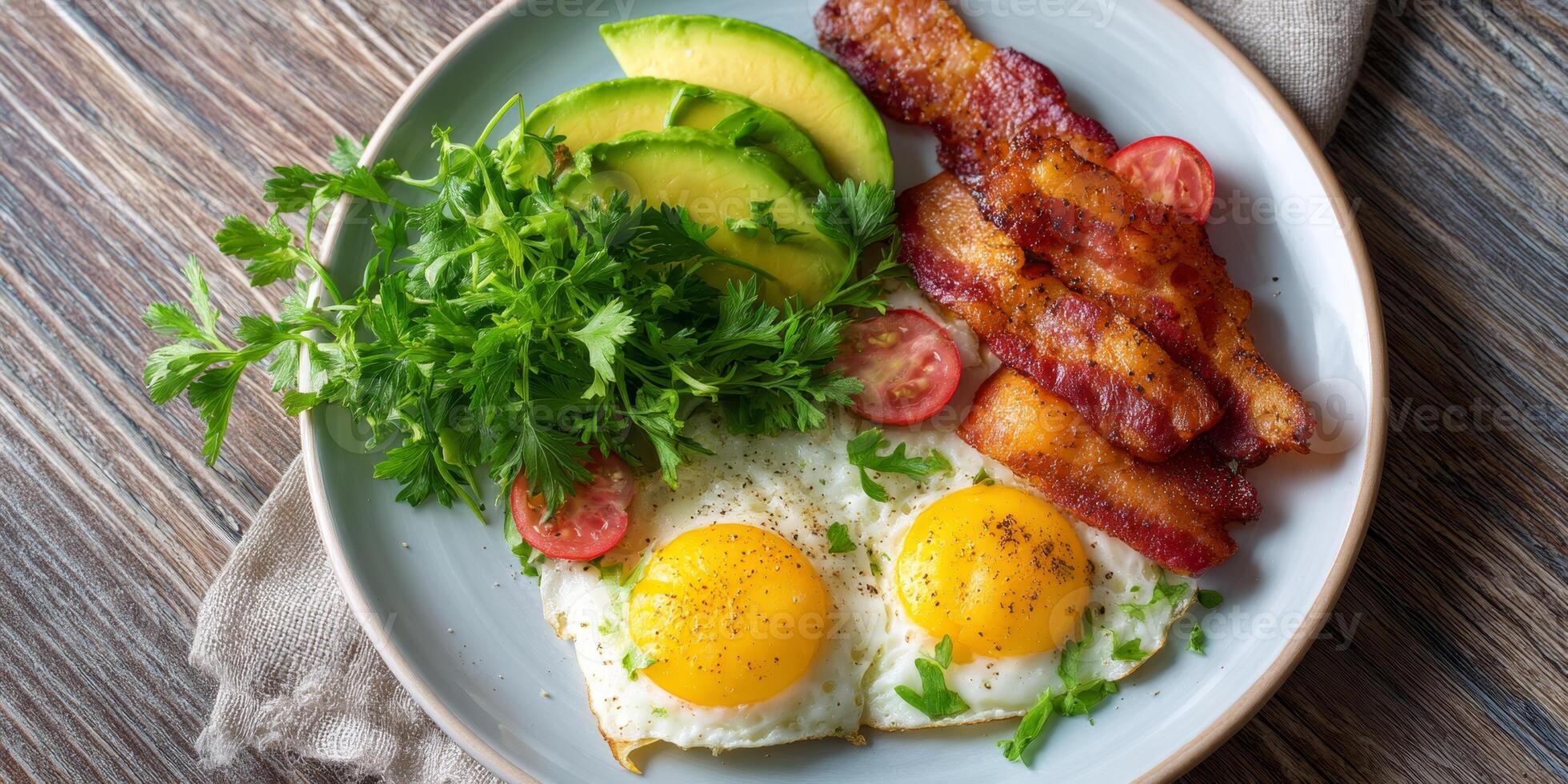 Brightly lit keto breakfast with eggs, bacon, avocado, and fresh herbs on a wooden surface photo