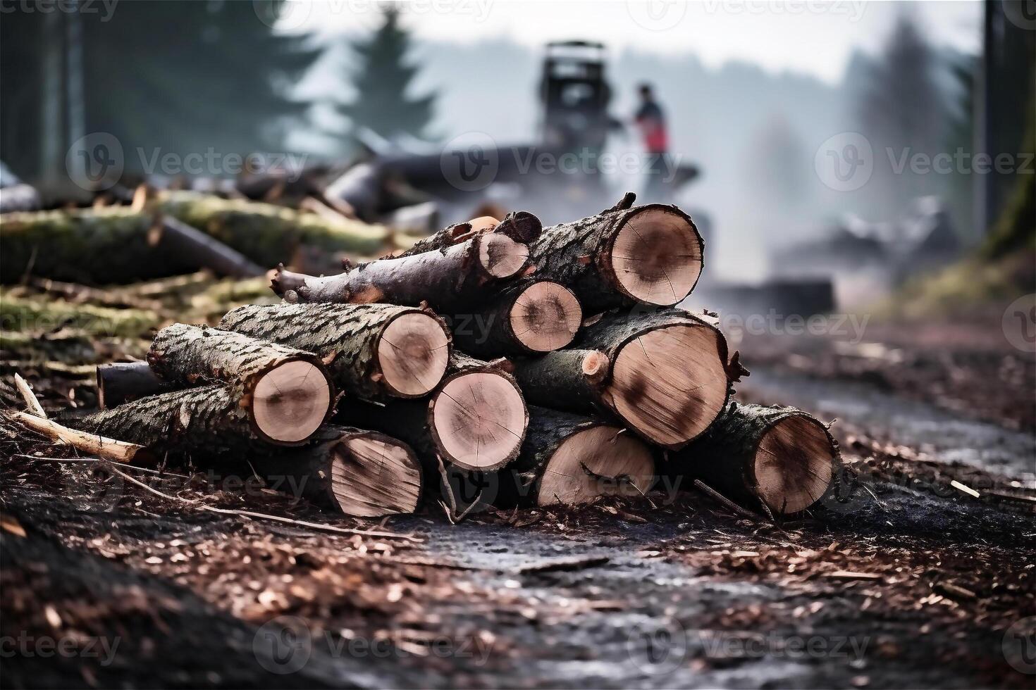 Deforestation in rural areas, destruction of forests with heavy machinery and timber harvesting. photo