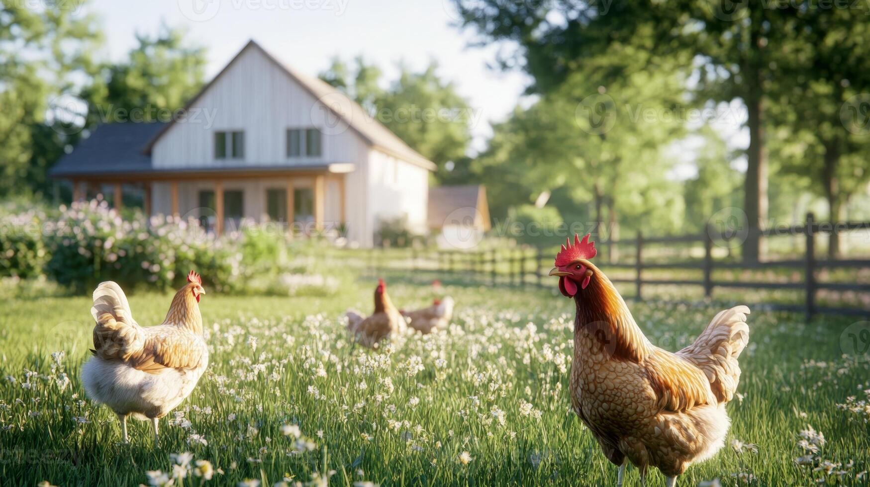 Chickens peck at the ground in a garden near a modern French house bathed in afternoon light photo