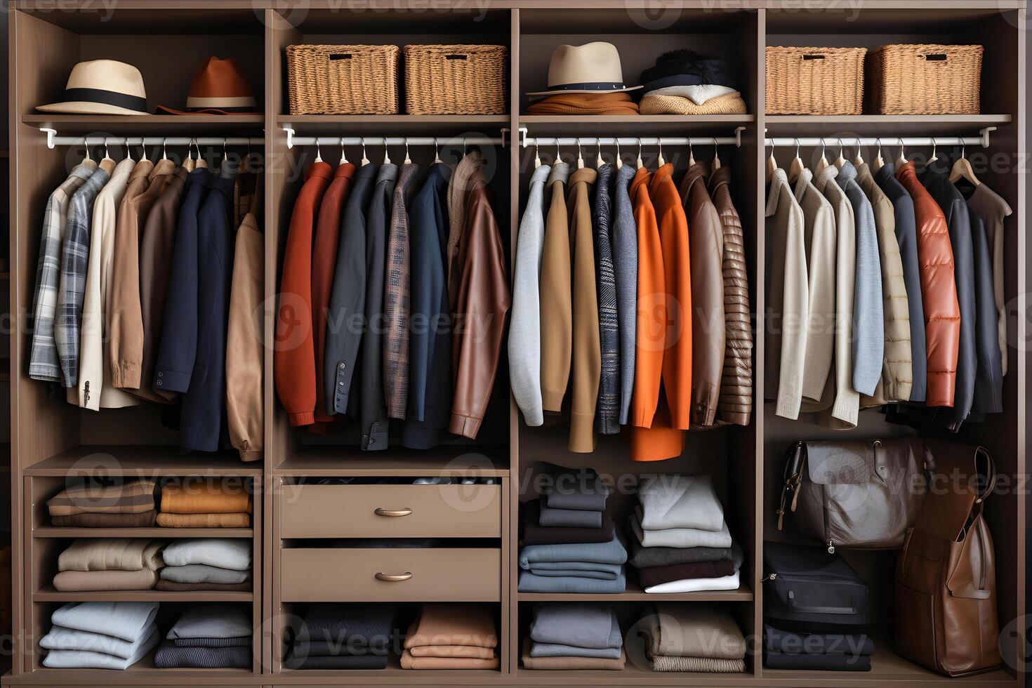 Men's clothing neatly laid out and sorted on shelves in an open closet photo