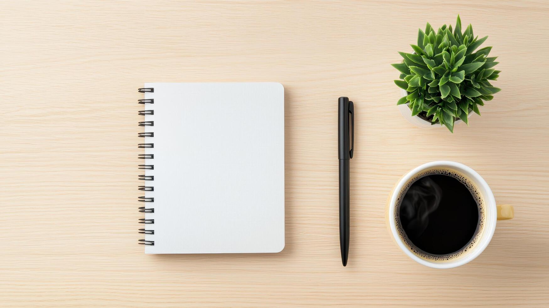 Minimalist workspace with open notebook and coffee home office still life modern design top-down view productivity concept photo