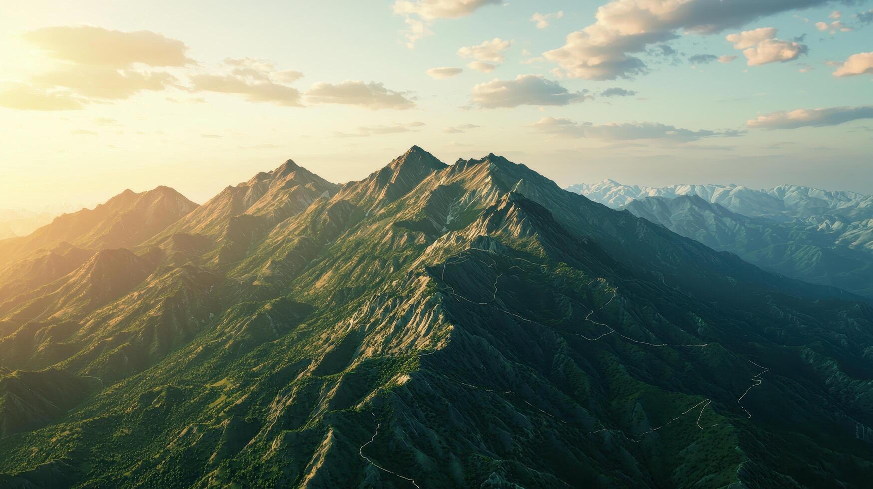 Breathtaking aerial view of rugged mountain landscape with winding trails at sunset photo