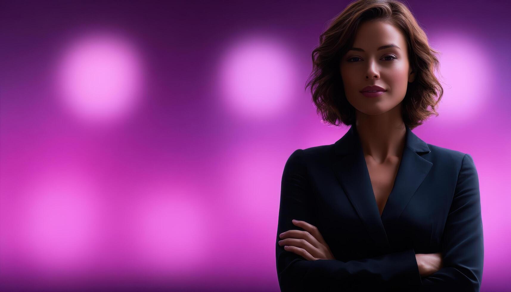 Executive woman presenting in front of large screen office environment professional setting confident viewpoint photo