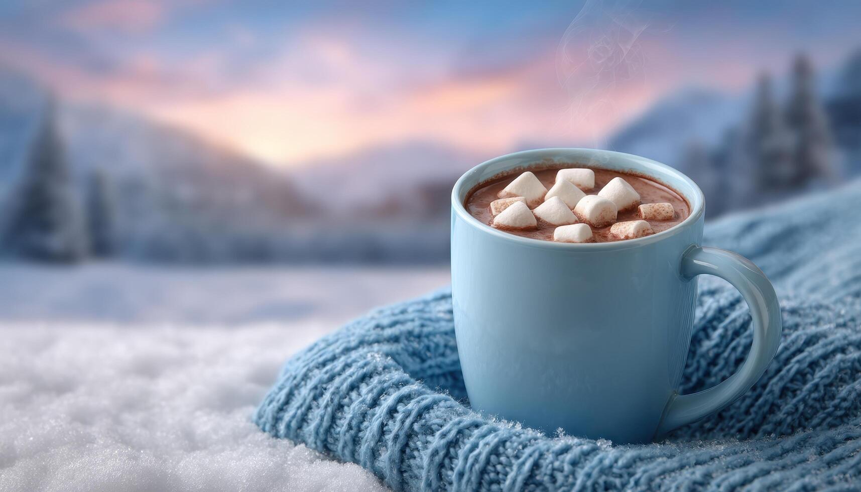 Steaming hot chocolate mug with marshmallows winter wonderland closeup view cozy environment photo