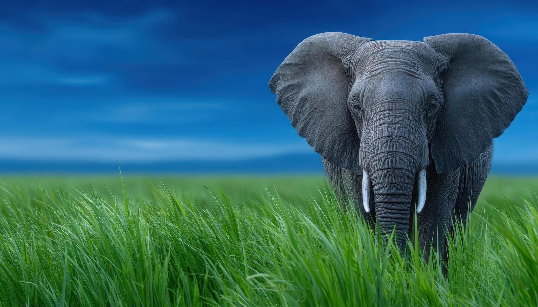 Majestic elephant grazing in lush green grasslands nature photography serene environment wide angle view photo