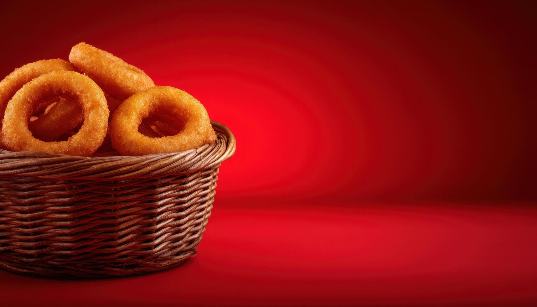 Fried onion rings in a rustic basket cozy dining setting food photography warm atmosphere close-up view appetizing concept photo