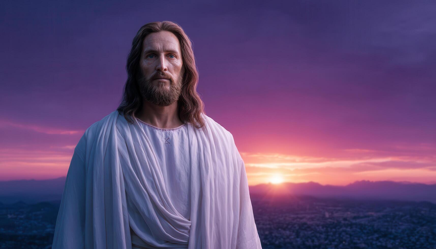 Serene jesus christ on hill at sunset inspirational landscape photography peaceful atmosphere spiritual concept photo