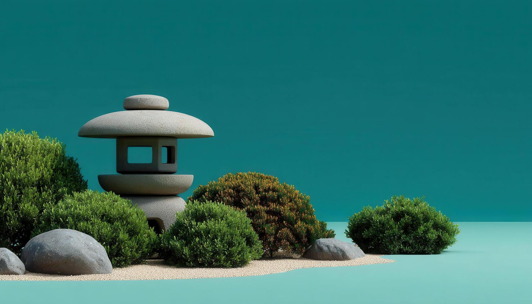 Tranquil zen garden with giant stone lantern peaceful landscape digital art serene environment low angle view photo
