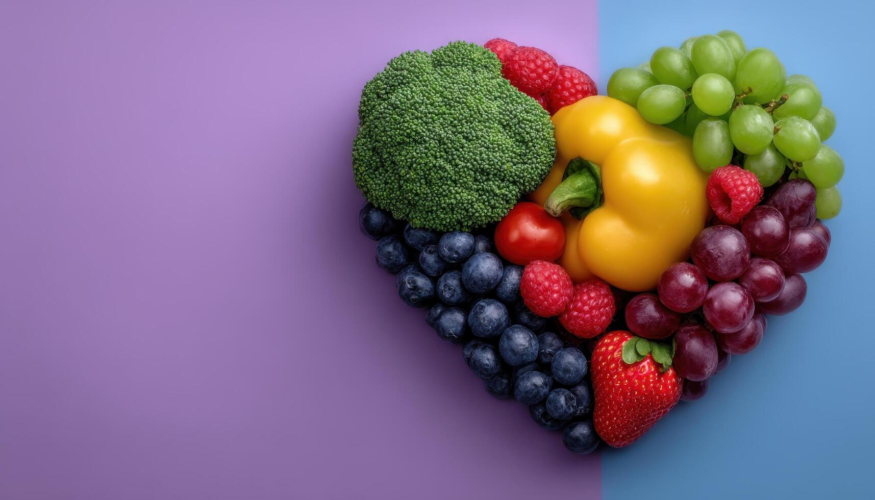 Vibrant heart-shaped arrangement of fresh fruits and vegetables artistic display colorful background conceptual art photo