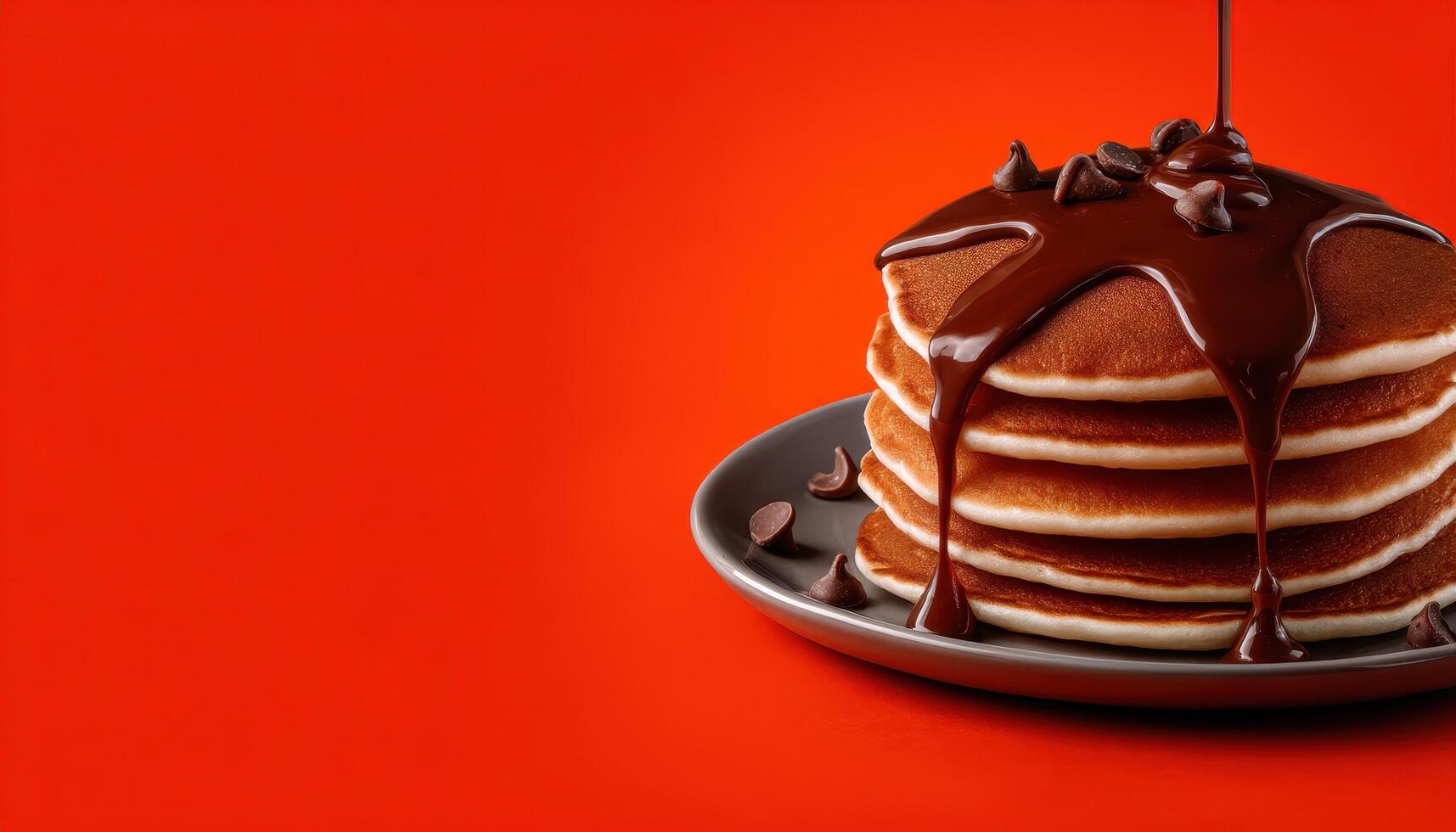 Delicious pancakes with rich chocolate sauce kitchen food photography bright red background close-up indulgence photo