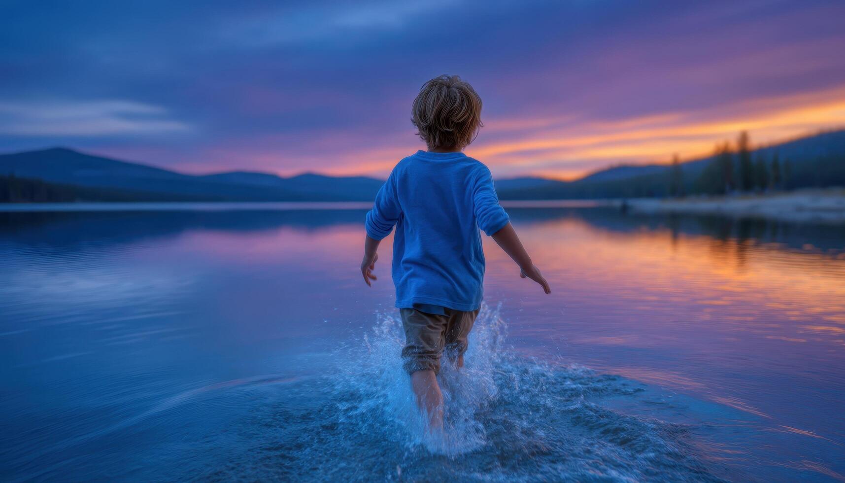Child joyfully splashing in tranquil lake at sunset nature photography serene environment emotional view photo