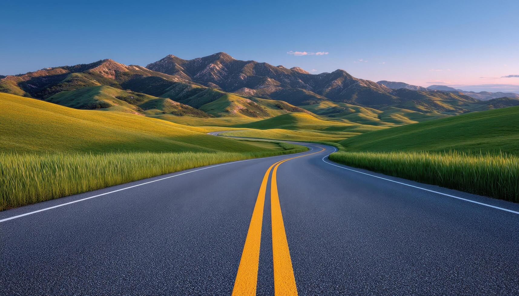 Scenic open road through lush green hills serene landscape nature photography daylight wide angle view photo