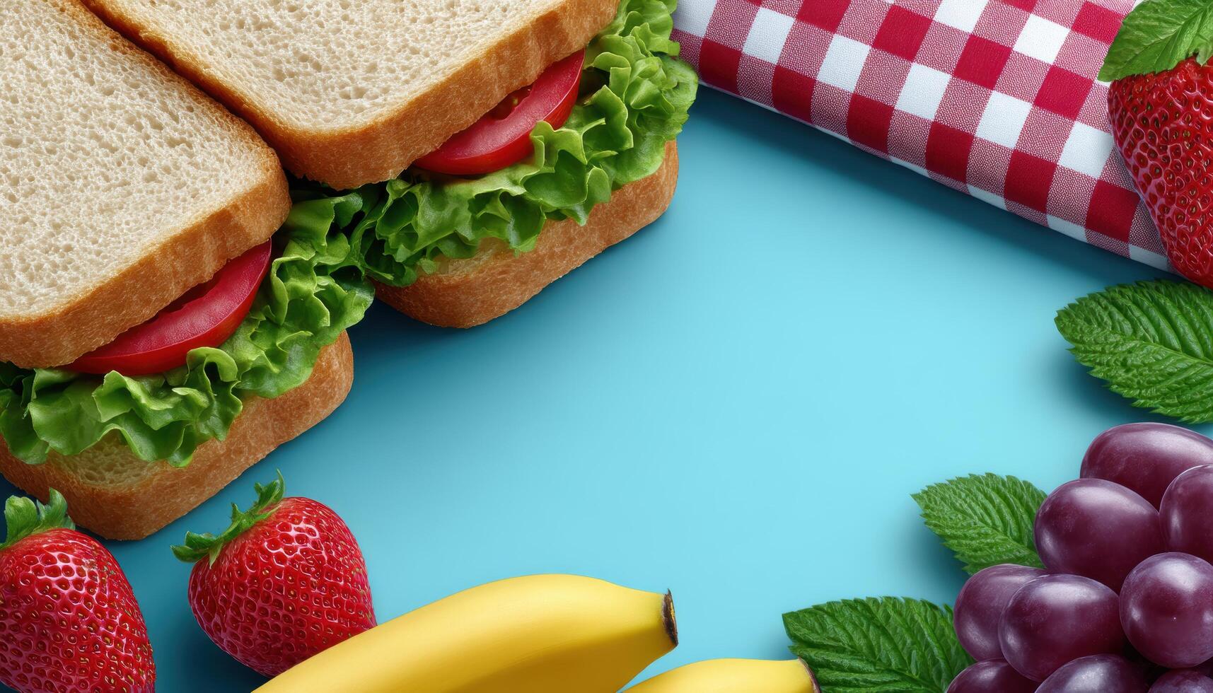 Colorful picnic with healthy snacks and sandwiches outdoor setting vibrant food arrangement high fidelity image photo