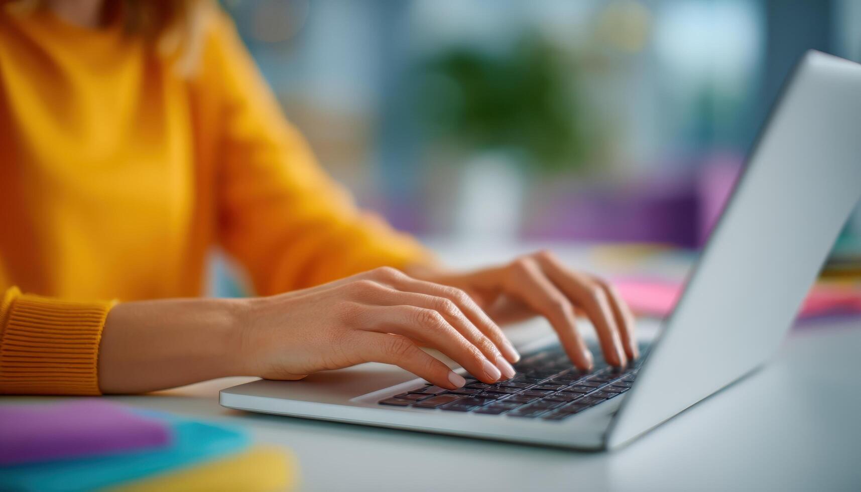 Typing on a laptop in a cozy workspace closeup view modern technology environment photo