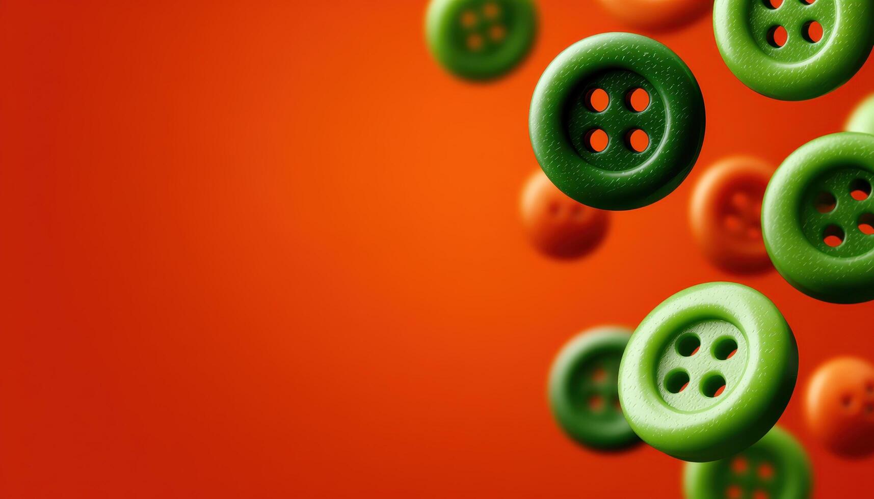 Floating green and orange buttons abstract design studio digital art vibrant colors close-up contemporary style photo
