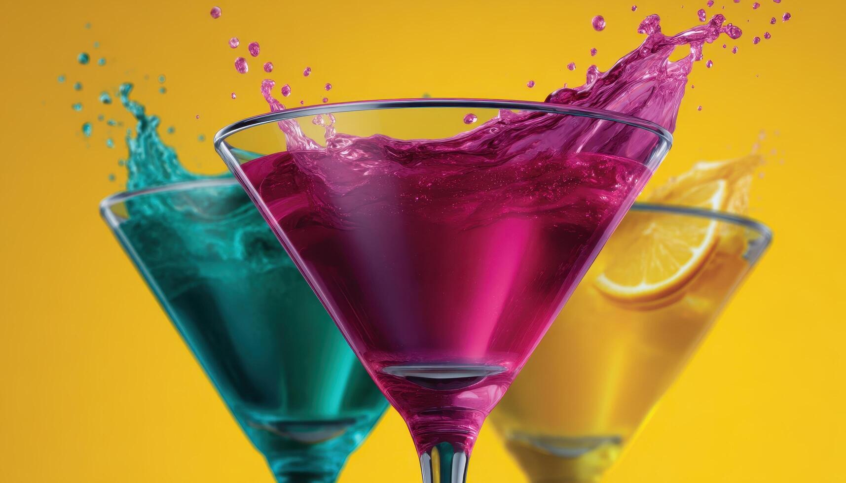 Vibrant cocktail shaker and colorful drinks splashing studio image bright background close-up beverage art photo