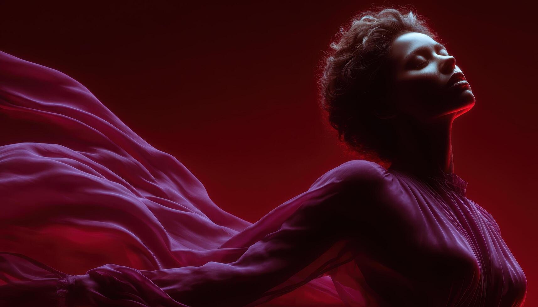 Dramatic female figure in flowing fabric studio setting photo art ethereal environment side view emotional expression