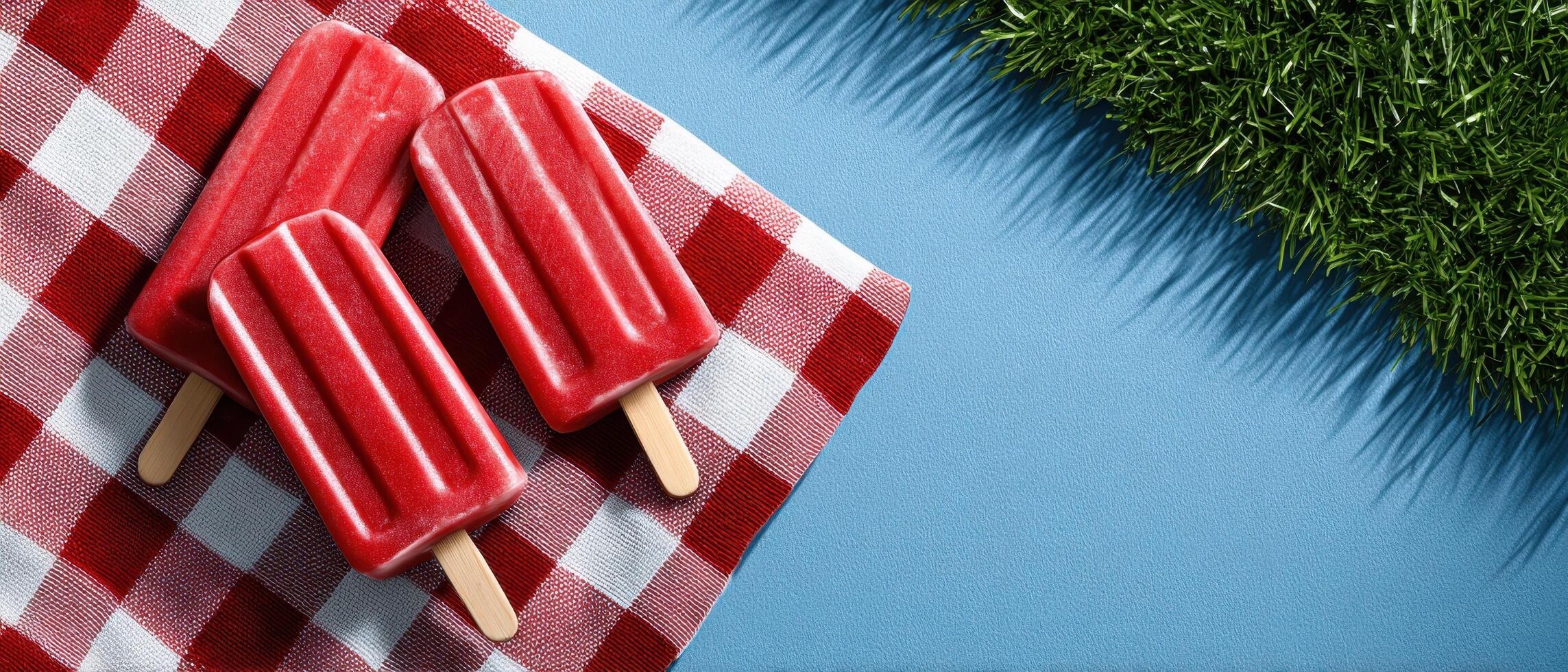Summer picnic with popsicles on a red checkered blanket outdoor park food photography bright day overhead view photo