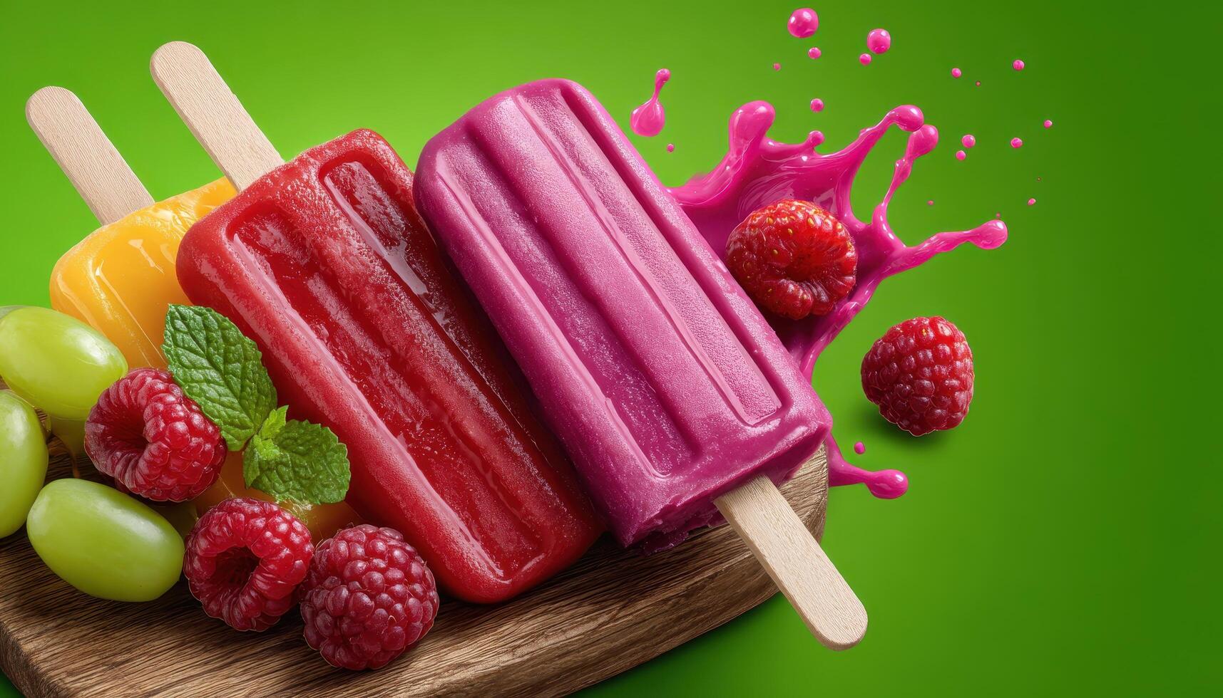 Fruit-flavored popsicles on wooden board bright colorful background high-quality image photo