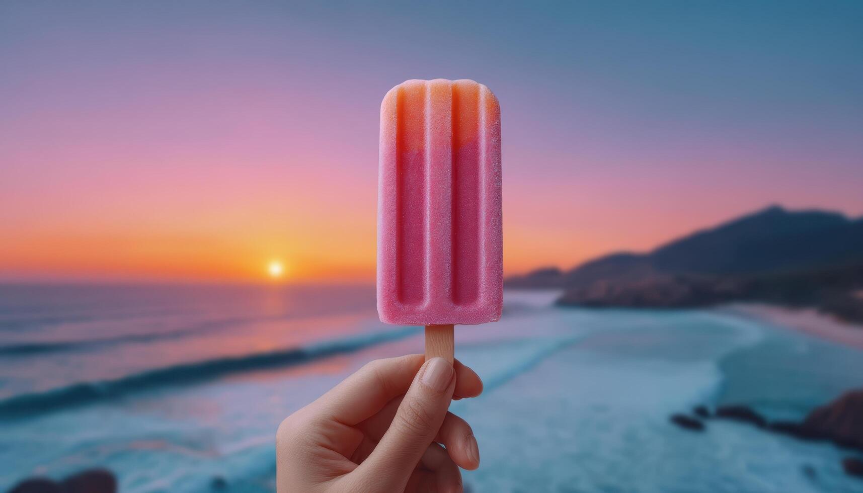 Hand holding vibrant popsicle at sunset beach closeup view of delicious treat photo