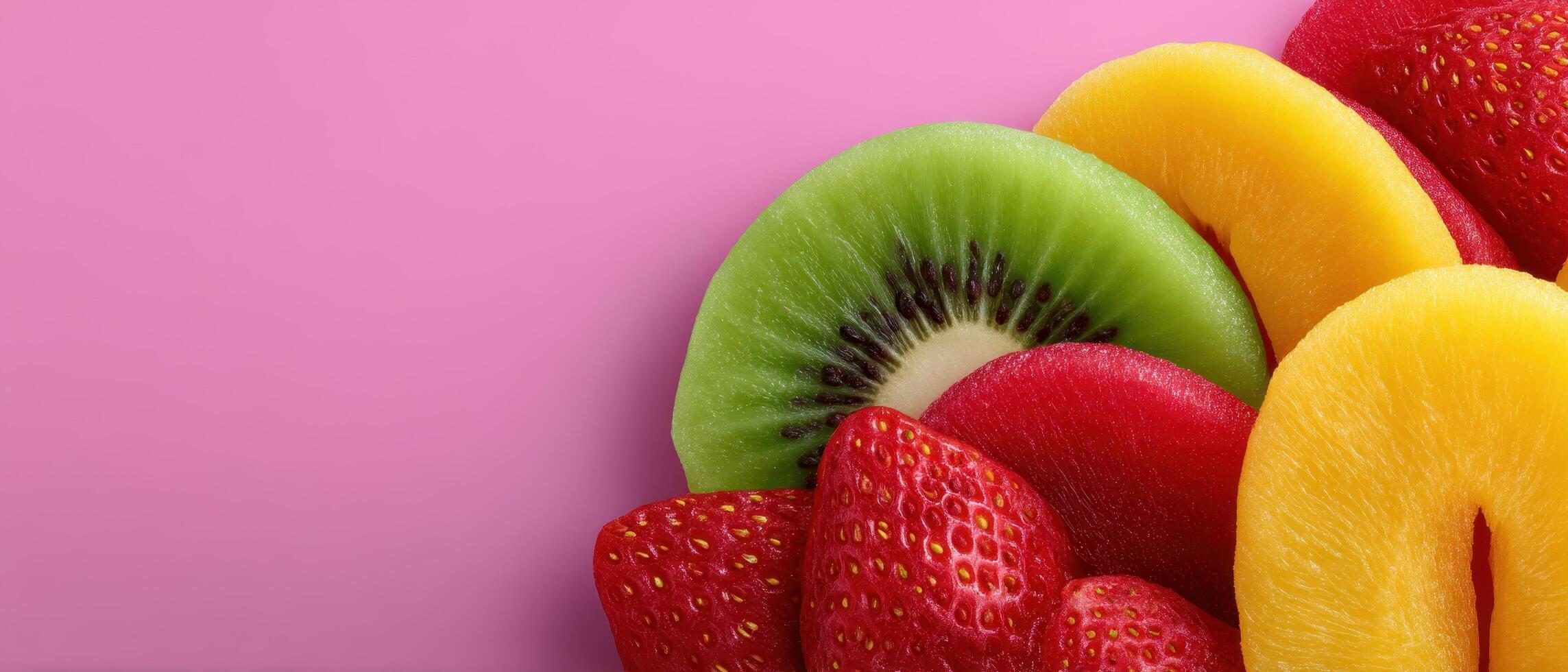 Colorful dried fruit slices display kitchen table food photography bright environment close-up view photo