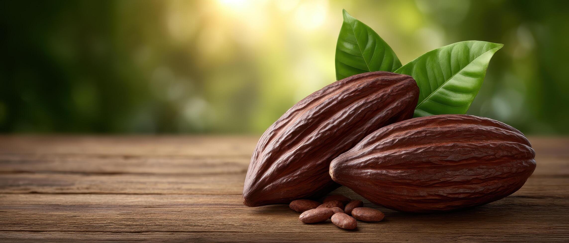 Cocoa pods display on wooden stand nature setting food photography close-up view photo