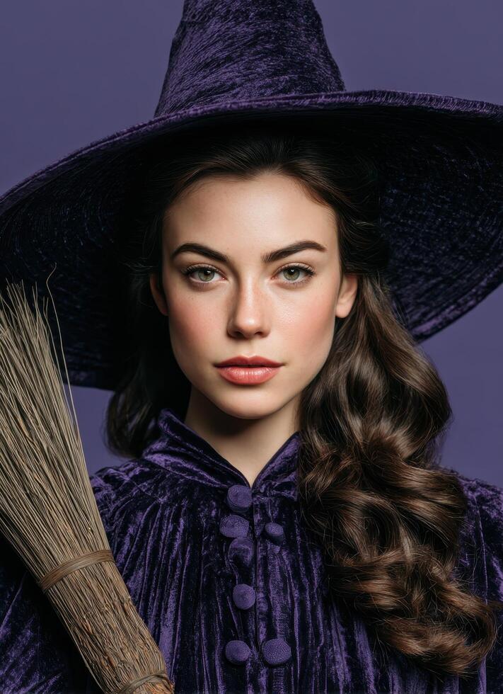 Elegant woman in witch costume studio portrait colorful background mystical theme photo