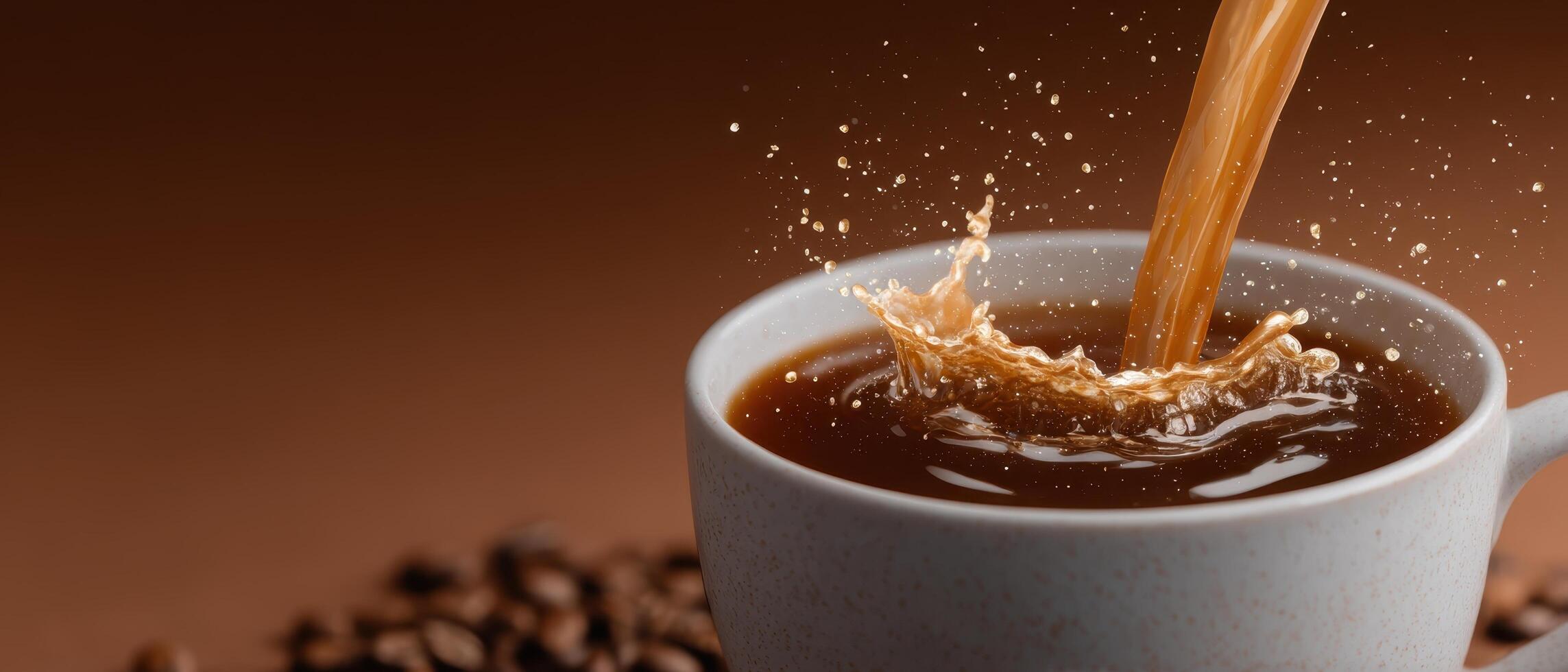 Coffee splashing from cup closeup shot rustic environment high-quality photography photo