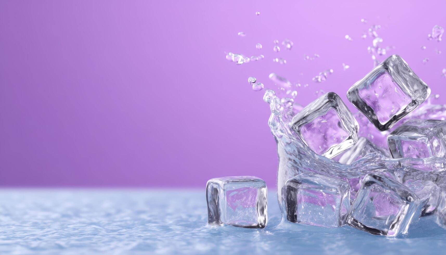 Iced water splashing with ice cubes in a lila background close-up photography refreshing concept photo