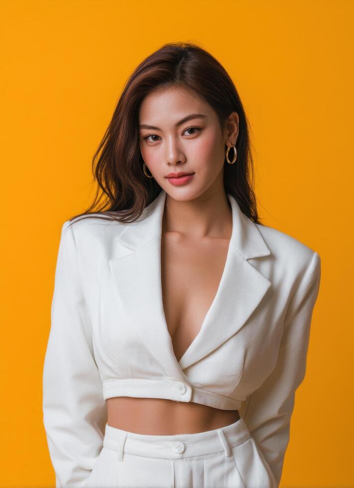 Confident stylish asian woman in designer outfit studio setting fashion portrait vibrant background photo