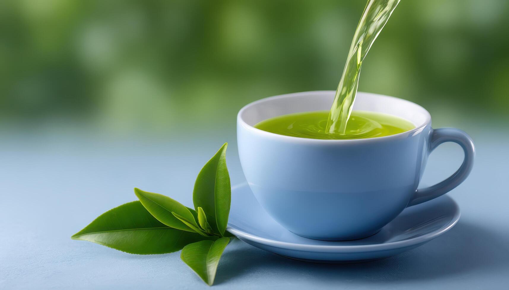 Elegant green tea splashing in blue cup refreshing drink natural setting close-up view photo