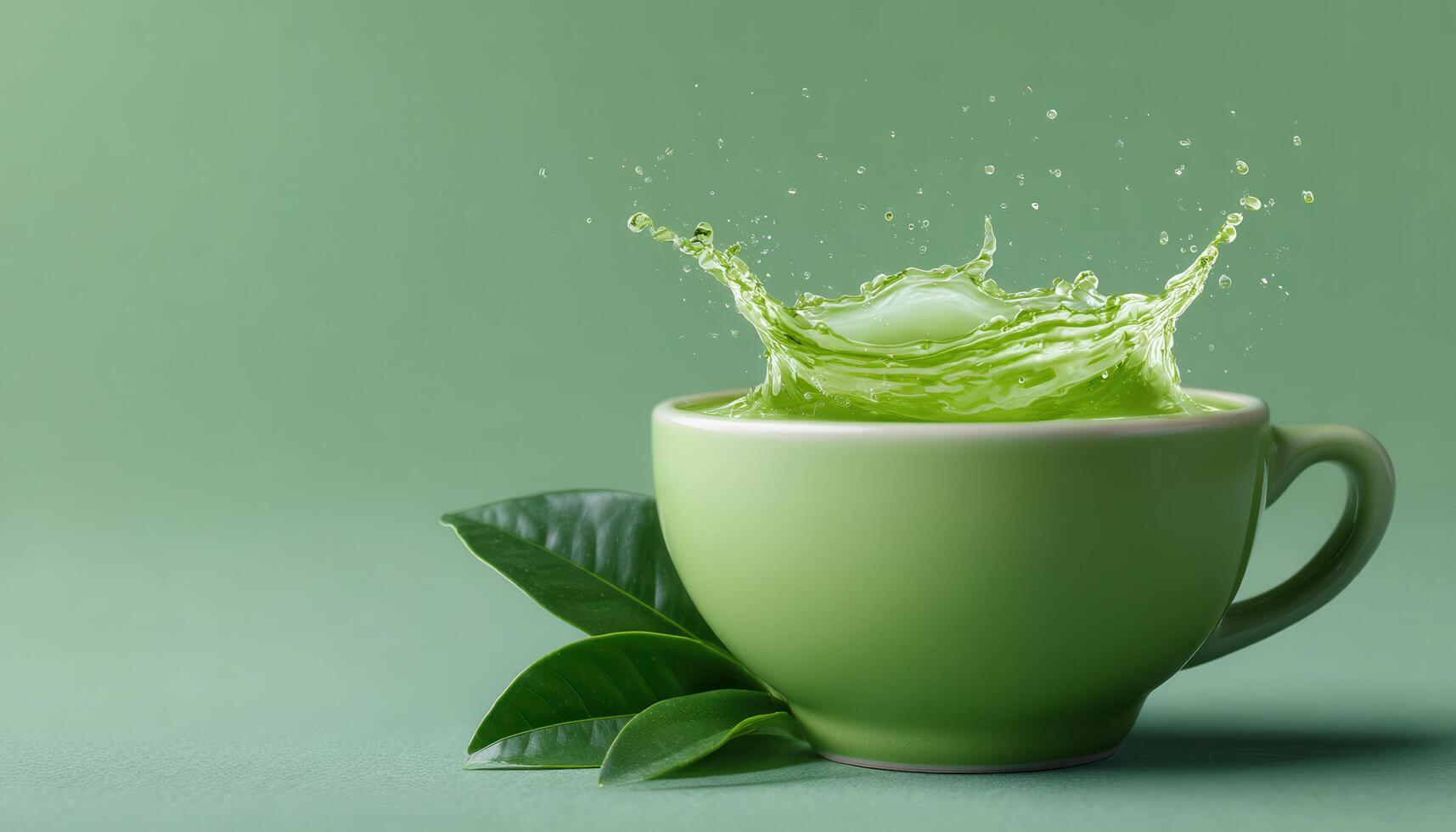 Elegant splash of vibrant green tea in delicate cup minimalist design calm environment photo